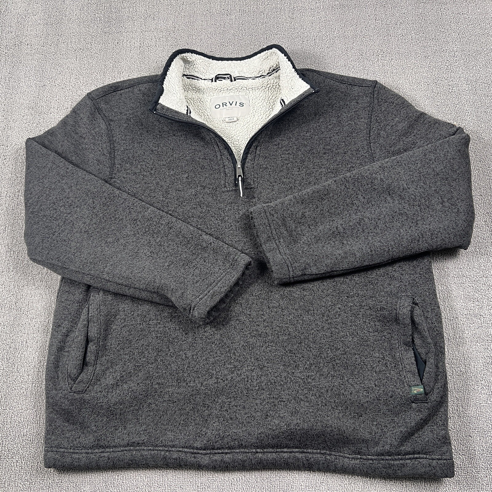 Orvis Fleece Sweater Extra Large Grey Mock Neck Zip Up Outdoor Pullover Men's